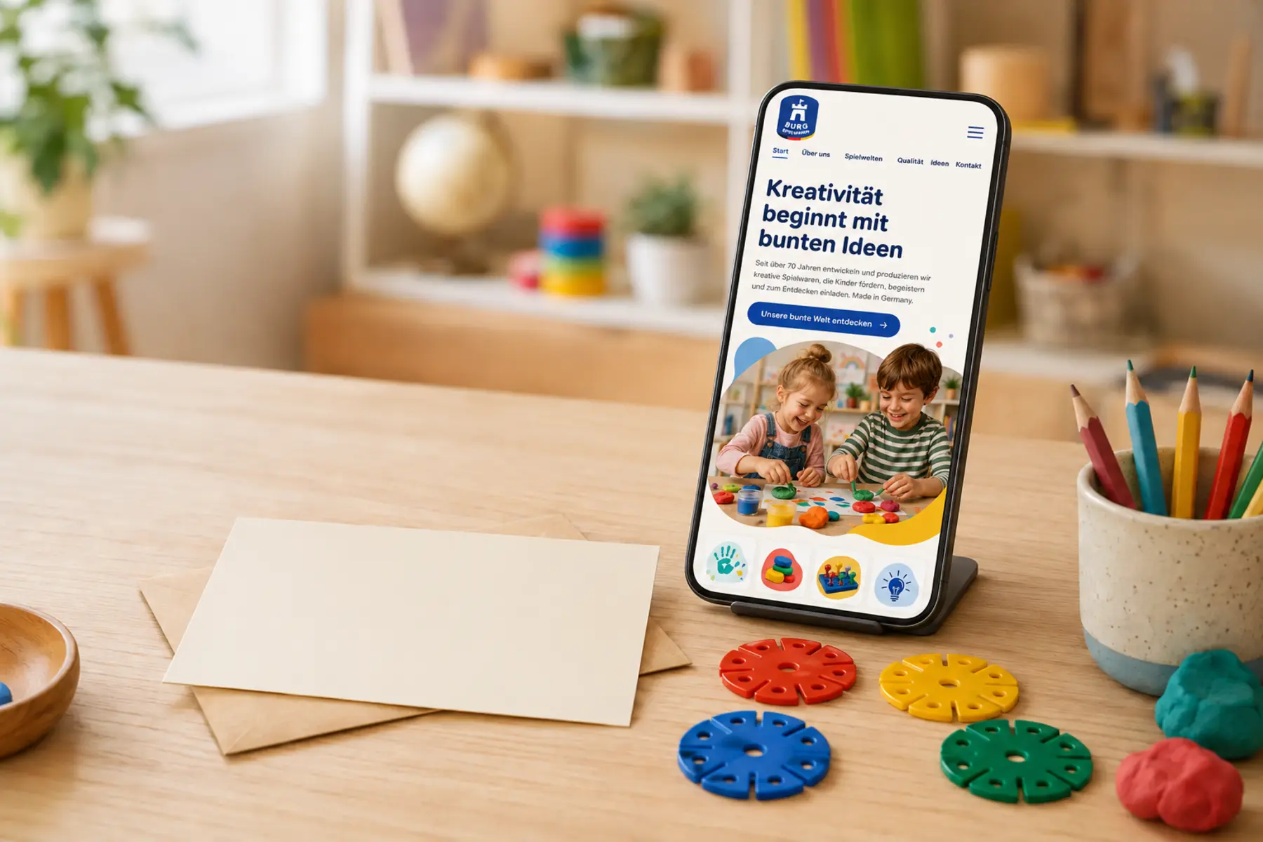 Smartphone mit der Burg-Spielwaren-Startseite, Brief und kreative Spielmaterialien auf einem Schreibtisch