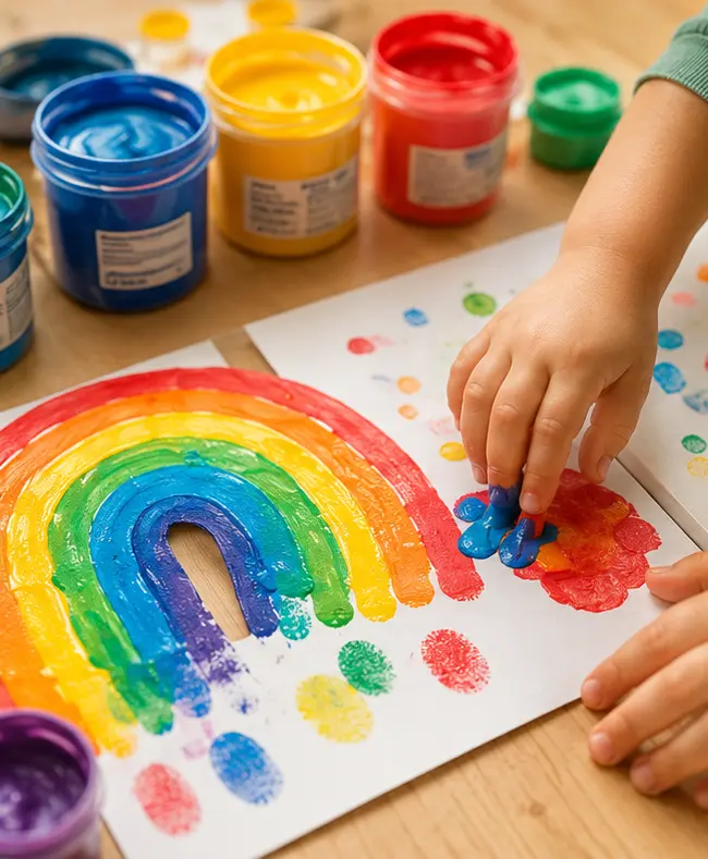 Kinderhände malen einen Regenbogen mit bunten Fingerfarben