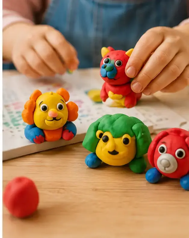 Kinderhände formen bunte Tiere aus Knete