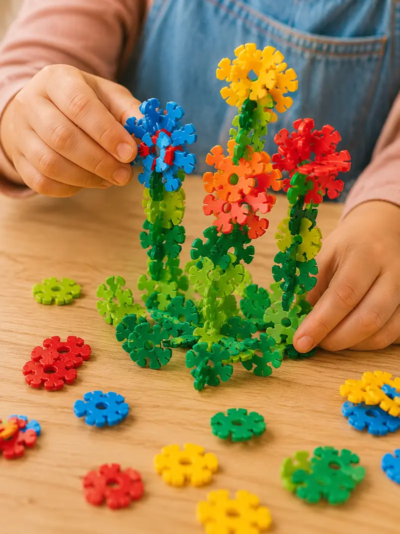 Kinderhände gestalten einen bunten Blumengarten mit STECKi Stecksteinen