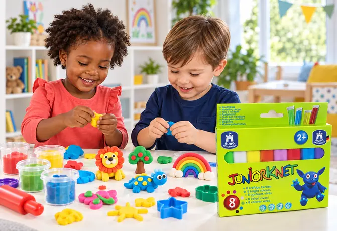 Kinder beim Spielen mit einer JUNiORKNET Produktpackung
