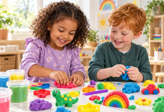 Zwei Kinder gestalten bunte Figuren mit Kinder Soft Knete