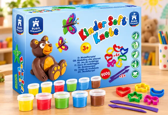 Produktpackung Kinder Soft Knete mit farbiger Knete und Zubehör