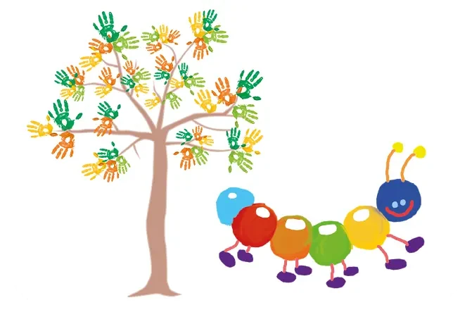 Buntes Kinderbild mit Baum und Raupe aus KLECKSi Fingerfarben