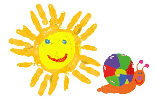 Buntes Kinderbild mit Sonne und Schnecke aus KLECKSi Fingerfarben