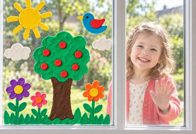 Kind neben einem Fenster mit Baum, Sonne, Vogel und Blumen aus Kneto Window Clay