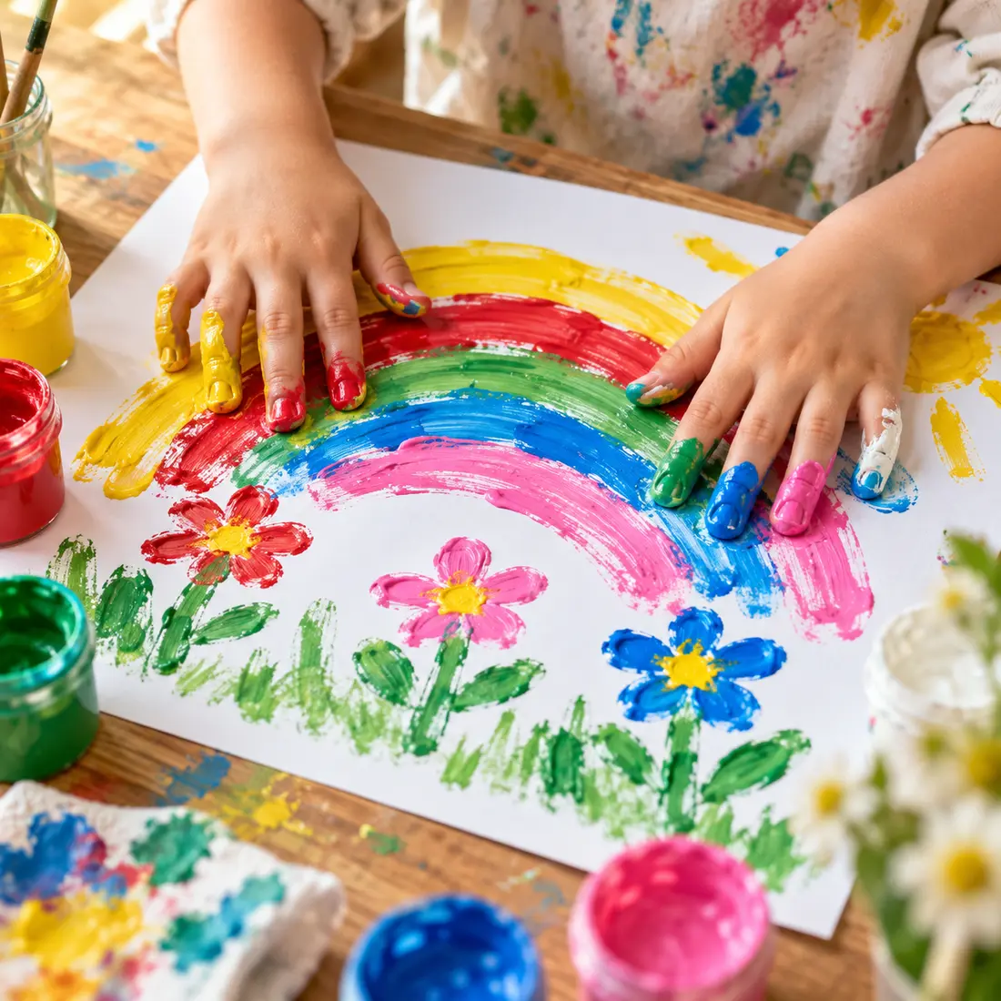 Kinderhände gestalten ein farbenfrohes Bild – illustrative Spielsituation