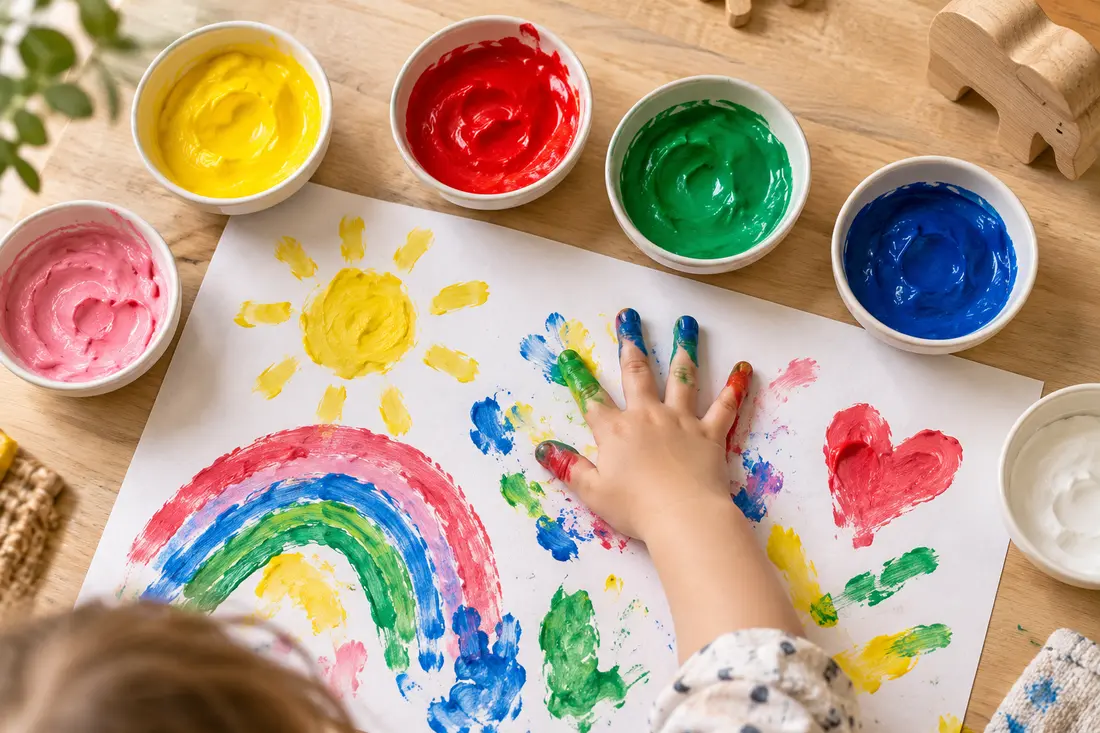 Kind malt mit sechs Farben auf Papier – illustrative Spielsituation