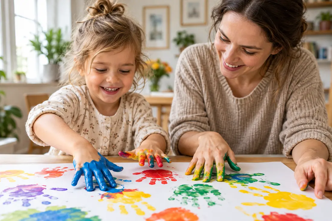 Kind und Erwachsene gestalten gemeinsam bunte Fingerabdrücke – illustrative Spielsituation