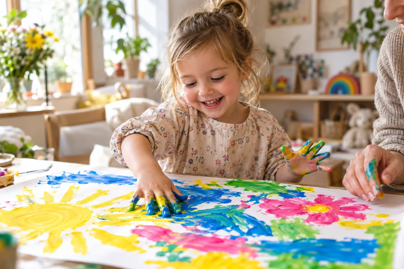 Kind malt mit bunter Fingerfarbe